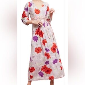 Anthropologie MAEVE Kimono Sleeve Maxi Dress Women Size 0 Cream Red Purple